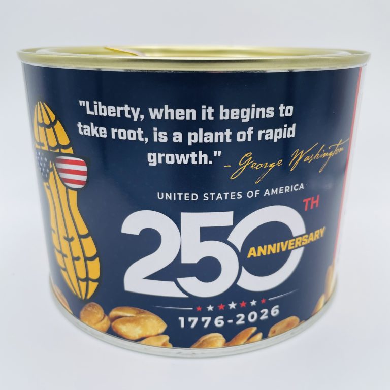 A can of Salted Cocktail Peanuts | America's 250th from Hancock Peanut Company2, featuring a George Washington quote and an American flag peanut illustration, commemorates the USA’s 250th anniversary (1776–2026).