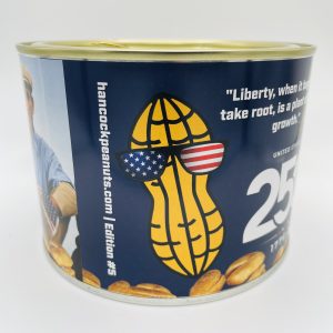 A can of Salted Cocktail Peanuts | America's 250th by Hancock Peanut Company3, featuring a cartoon peanut with American flag sunglasses and a liberty quote, set on a blue background with peanuts scattered below.
