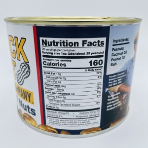 A can of Salted Cocktail Peanuts | America's 250th by Hancock Peanut Company5 features a visible Nutrition Facts label (160 calories/serving), ingredients list (peanuts, coconut oil, peanut oil, salt), partial person photo, and additional text.