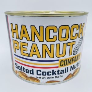 A can of Salted Cocktail Peanuts | America's 250th by Hancock Peanut Company features a peanut illustration and bold yellow and blue lettering on its 20 oz (567g) label.