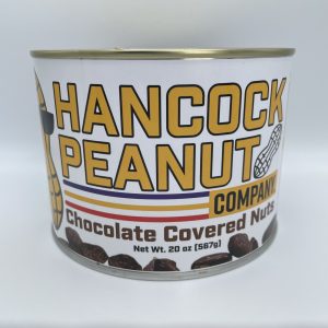 A can labeled Net Wt. 20 oz (567g), displays images of chocolate covered nuts and a peanut graphic on a clean white background from Hancock Peanut Company
