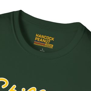 A close-up of the inside collar of 12113196576181267601_2048.jpeg, a dark green t-shirt, features a printed label with HANCOCK PEANUT COMPANY and HANCOCKPEANUTS.COM in yellow lettering.