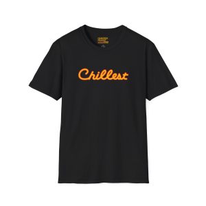 12256387970256267515_2048.jpeg features a black T-shirt with "Chillest" written in orange cursive across the chest, displayed on a plain white background.