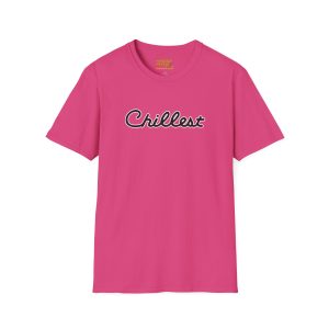A bright pink T-shirt labeled "14509278762934915598_2048.jpeg" features "Chillest" in white script with a black outline across the chest, displayed flat on a white background.
