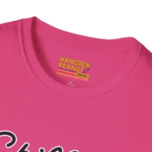 A close-up of the t-shirt (Product: 15583393296642095333_2048.jpeg) shows its collar and an inner label with "HANCOCK PEANUT COMPANY HANCOCKPEANUTS.COM L 100% Cotton" in yellow. Part of a white script logo appears on the front.