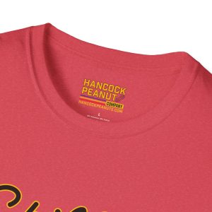 A close-up of the 4364304353181073624_2048.jpeg shows "HANCOCK PEANUT COMPANY" and a website printed in yellow on the inside collar, with part of a black and yellow script design visible on the shirt front.