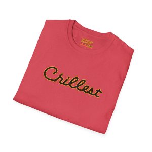 A folded red T-shirt named 7070947875081795173_2048.jpeg features the word "Chillest" in bold, black script with yellow outline across the front.
