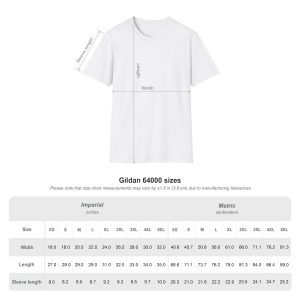 A white T-shirt displays labeled width and length measurements. Beneath, a size chart for Gildan 64000 (XS–5XL) provides width, length, and sleeve measurements in inches and centimeters. Product: 728300607358334213_2048.jpeg.
