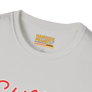 Close-up of a white T-shirt collar with a yellow HANCOCK PEANUT COMPANY label and HANCOCKPEANUTS.COM. Product: 8383560442497867740_2048.jpeg. Size L, 100% cotton.