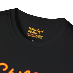 Close-up of a black t-shirt collar displaying an inside label with "HANCOCK PEANUT COMPANY" and "HANCOCKPEANUTS.COM" in yellow and white, size L, and 100% Cotton. Product: 9200423870797493308_2048.jpeg.