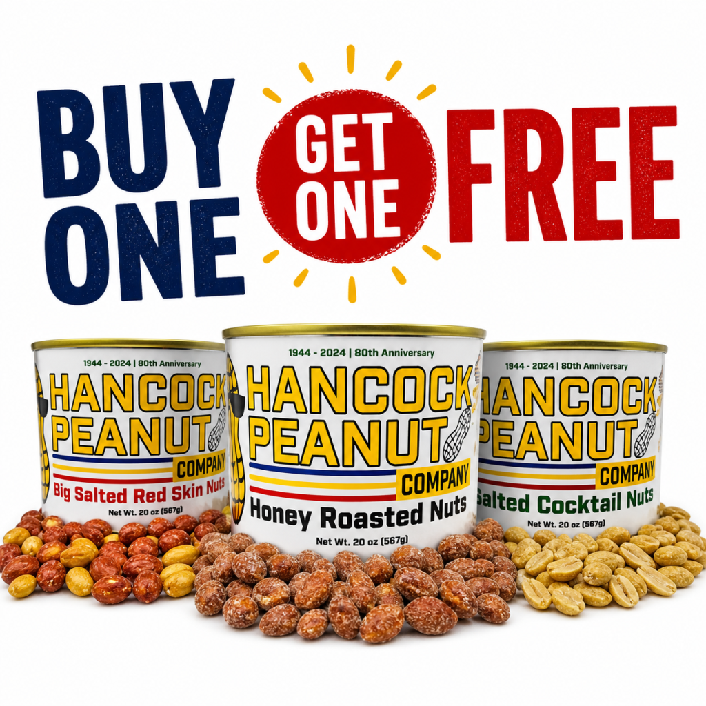 Three cans of peanuts are surrounded by loose nuts, with bold "BOGO Sale" text in blue, red, and white above them.