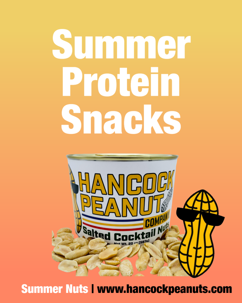 A can of HPC BOGO cocktail nuts rests on a heap of peanuts. Above it, “Summer Protein Snacks” appears alongside a cartoon peanut in sunglasses. Shop gourmet peanuts online at www.hancockpeanuts.com.