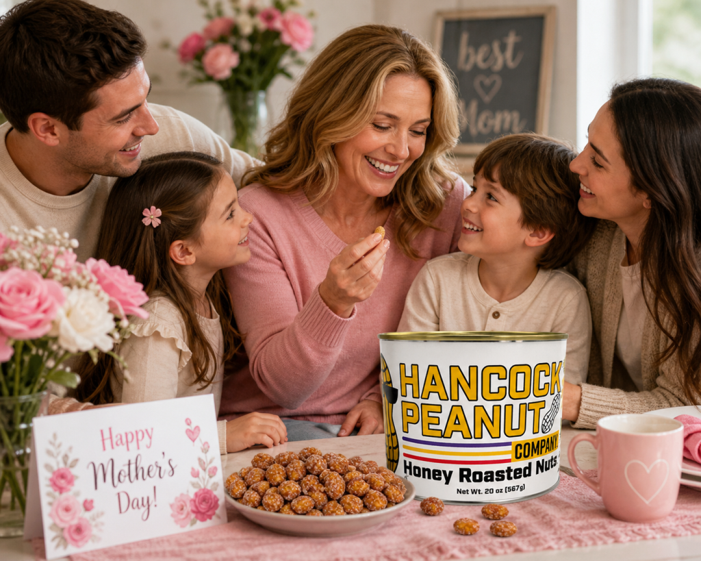 A smiling family celebrates indoors around a table with dacdf5e1-56bb-4c80-8879-c1c54cd9b694, a plate of peanuts, pink flowers, and a Happy Mother’s Day! card.