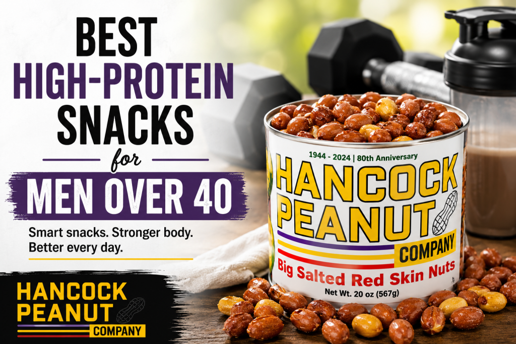 A can of Snacks for Men Over 40 sits on a table with scattered peanuts, a protein shake, and a dumbbell. Text reads: Best High-Protein Snacks for Men Over 40.