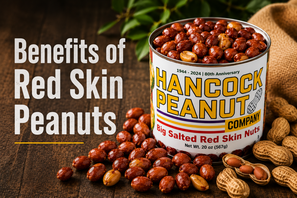 An open can labeled "benefits of red skin peanuts" spills whole red skin peanuts onto a wooden surface, with green leaves in the background. The text highlights the benefits of red skin peanuts.