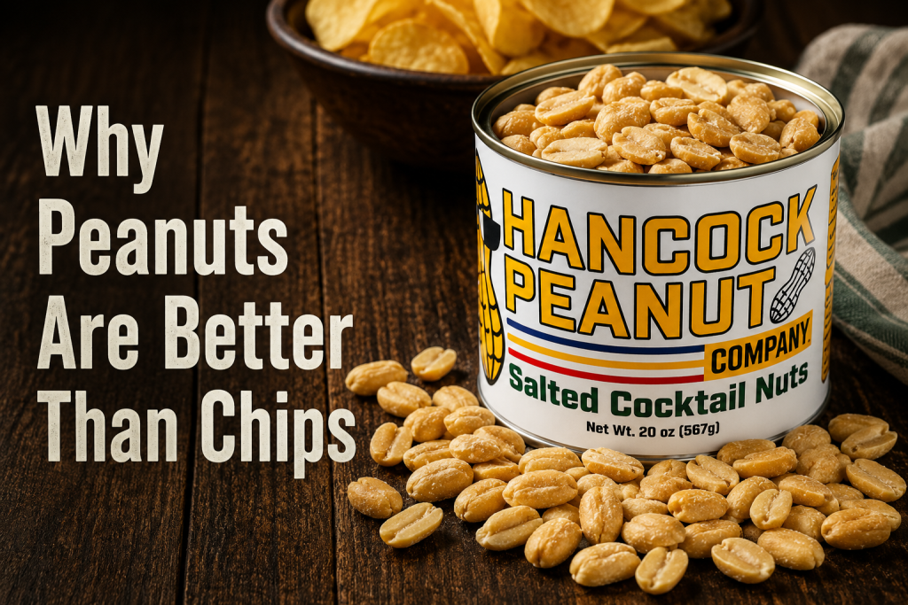 An opened can of f4744619-ef79-4a1e-a444-e77affe24eb0 spills peanuts beside a bowl of potato chips. On the left, bold text asks, Why Peanuts Are Better Than Chips.