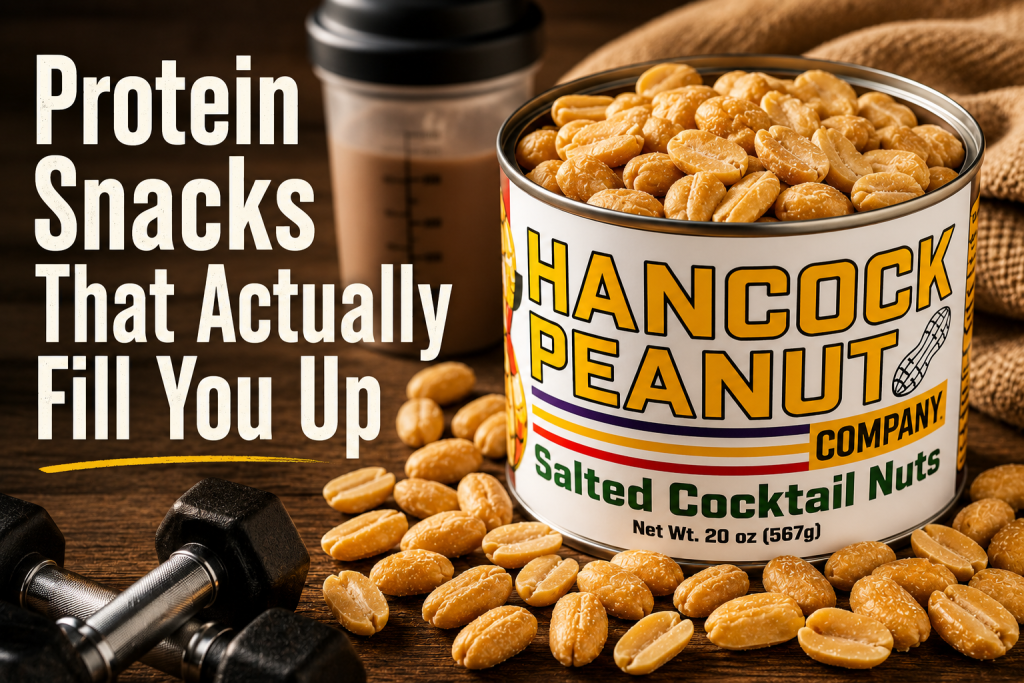 A can of hancock peanuts fill you up sits open and overflowing, surrounded by scattered peanuts, a protein shake, and a dumbbell. Large text reads, “Protein Snacks That Actually Fill You Up.”.