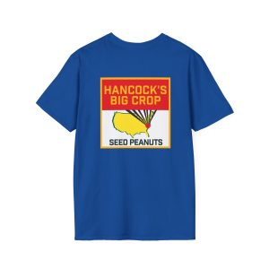 Blue 10048839565131346184_2048.jpeg t-shirt featuring a graphic that reads Hancocks Big Crop Seed Peanuts with a yellow map of the contiguous United States and a red dot marking the southeastern region.
