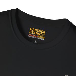 Close-up of the interior neck label on the 10717443614410323428_2048.jpeg black t-shirt, featuring the Hancock Peanut Company logo and website.