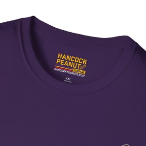 Close-up of the 10896066819419674954_2048.jpeg purple t-shirt neckline with a printed inner label that reads Hancock Peanut Company, a website URL, the size 4XL, and 100% Cotton.