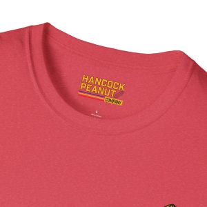Red Hancock’s Big Crop crew neck t-shirt featuring a printed interior label that reads Hancock Peanut Company above size L and 100% Cotton text.
