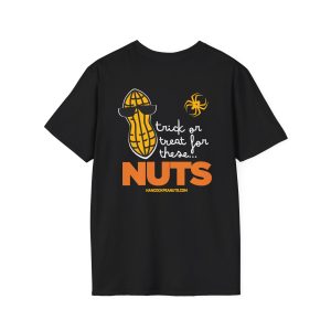Black 11441170261992601233_2048.jpeg t-shirt featuring a graphic of a peanut wearing sunglasses, a spider, and the text trick or treat for these... NUTS with a website URL at the bottom.