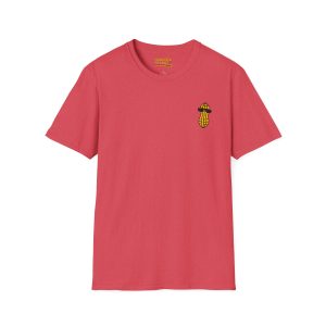 Red Hancock’s Big Crop crew neck t-shirt (11561455888230672749_2048.jpeg) featuring a small graphic of a peanut wearing sunglasses on the left chest.