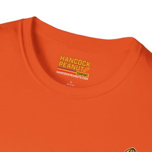Close-up of the inner collar of an orange 11677069435462965035_2048.jpeg t-shirt featuring a printed Hancock Peanut Company logo, website address, and size L label.