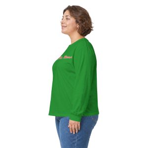 A person in profile wears a 11815001422519800076_2048.jpeg long-sleeved kelly green t-shirt with red and yellow cursive text on the chest, paired with blue jeans.