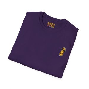 A folded purple 11915262275159297157_2048.jpeg t-shirt with an embroidered icon of a peanut wearing sunglasses on the chest.