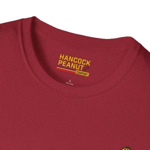 Close-up of the neckline of a maroon 12783234572870044383_2048.jpeg, featuring a printed logo that reads Hancock Peanut Company with a peanut icon above the size L and material label.