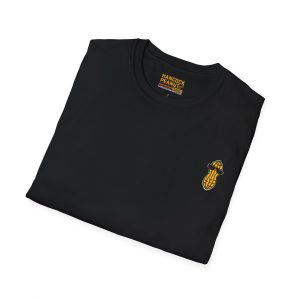 13381888894552995218_2048.jpeg is a black t-shirt with a small embroidered graphic of a peanut wearing sunglasses on the chest.