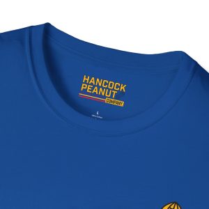 Close-up of a blue 14477722231272439987_2048.jpeg collar with an interior tag featuring the Hancock Peanut Company logo.