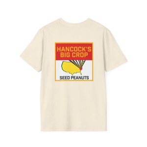 The back of a 14784206437995130112_2048.jpeg off-white t-shirt featuring a yellow map of the continental United States with a red dot, sunburst lines, and the text HANCOCKS BIG CROP SEED PEANUTS.