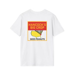 White 14929760501689078619_2048.jpeg shirt featuring a graphic on the back of a United States map with a red dot in the Southeast and the text HANCOCKS BIG CROP SEED PEANUTS.