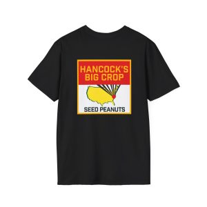 Black Hancock’s Big Crop t-shirt (16416590770651748047_2048.jpeg) featuring a square graphic with the text HANCOCKS BIG CROP above a map of the southeastern United States with a red location pin and sunburst lines, and SEED PEANUTS printed below.