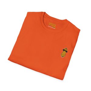 Folded 18444145766847579761_2048.jpeg orange t-shirt featuring a small embroidered peanut wearing sunglasses on the chest.