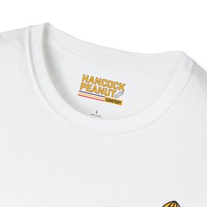 Interior neck label of the white 2024779733498875403_2048.jpeg Hancock’s Big Crop crew-neck T-shirt featuring the Hancock Peanut Company logo.