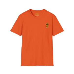 Bright orange short-sleeved t-shirt 2362250766971280968_2048.jpeg with a small graphic of a peanut wearing sunglasses on the chest.