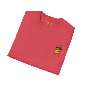 Red Hancock’s Big Crop short-sleeved t-shirt (2856757891877004315_2048.jpeg) with a small embroidered icon of a peanut wearing sunglasses on the chest.