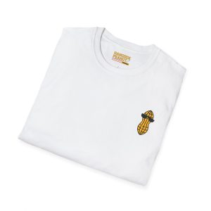 White Hancock’s Big Crop Shirt (3202467478879659903_2048.jpeg) features a small graphic of a peanut wearing sunglasses on the chest and a brand logo printed on the inside collar.