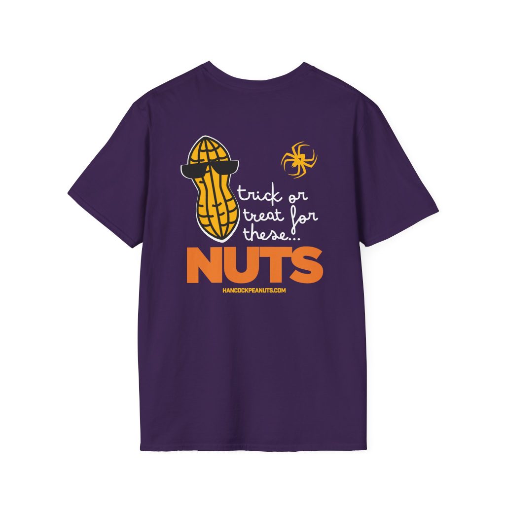 Purple 3845837489727634241_2048.jpeg t-shirt featuring a cartoon peanut wearing sunglasses, a spider, and the text trick or treat for these... NUTS.