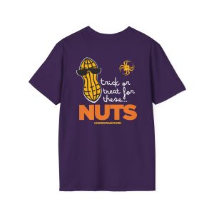 Purple 3845837489727634241_2048.jpeg t-shirt featuring a cartoon peanut wearing sunglasses, a spider, and the text trick or treat for these... NUTS.
