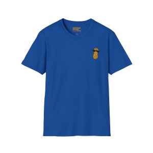 Blue short-sleeve crewneck Hancock’s Big Crop shirt, 4619947868996647700_2048.jpeg, with a small graphic of a peanut wearing sunglasses on the left chest.