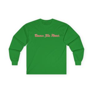 Kelly green long-sleeve t-shirt 4802388541960445065_2048.jpeg featuring Down The Hatch in red script with a white outline across the chest.