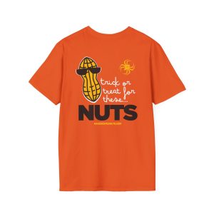 Orange 5042187448609001849_2048.jpeg t-shirt featuring a graphic of a peanut wearing sunglasses, a spider, and the text trick or treat for these... NUTS.