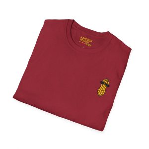 Folded maroon 5972320505762679318_2048.jpeg featuring a small embroidered peanut wearing sunglasses on the chest and a brand label inside the collar.