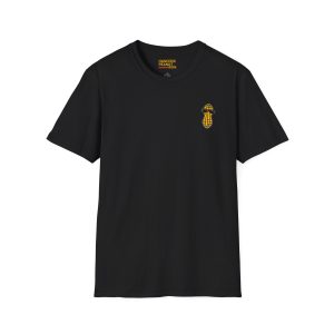5991525043695911784_2048.jpeg is a black crew-neck t-shirt featuring a small graphic of a peanut wearing sunglasses on the left chest.