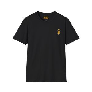 Black crew neck 6974520962454387953_2048.jpeg t-shirt with a small graphic of a peanut wearing sunglasses on the left chest.