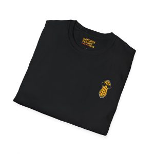 A folded black 8823584507543756186_2048.jpeg shirt featuring a small graphic of a peanut wearing sunglasses on the chest and a Hancock Peanut Company logo printed inside the neck.